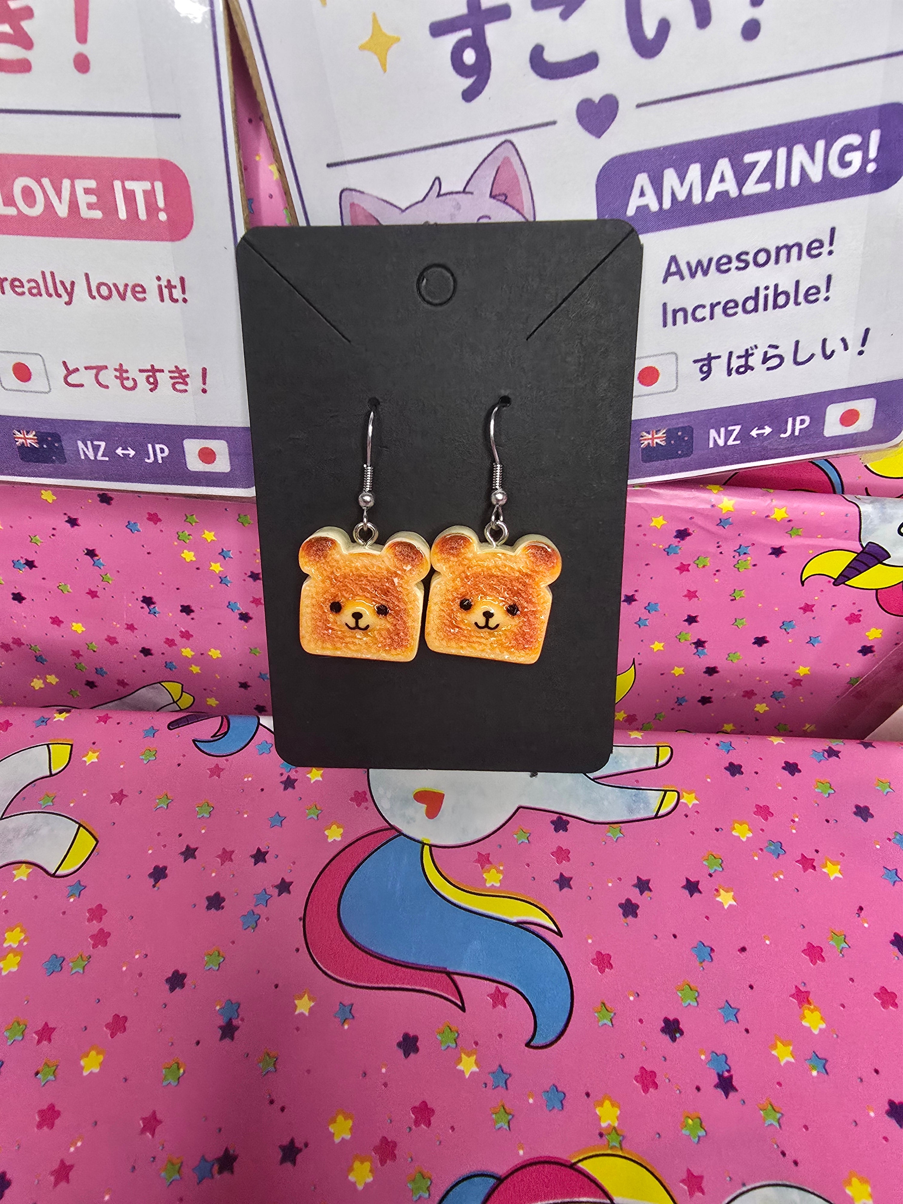 Kawaii Bear Toast Earrings – Cute Handmade Toast Dangle Earrings | Food Lover Jewellery