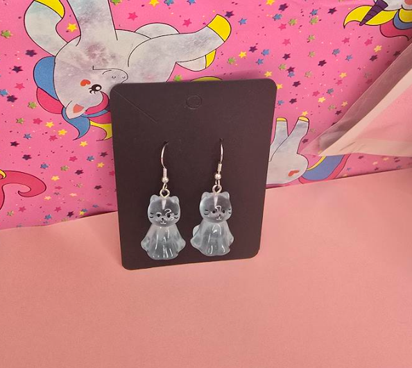 Blue Ghost Cat Earrings | Cute Kawaii Cat Dangle Earrings