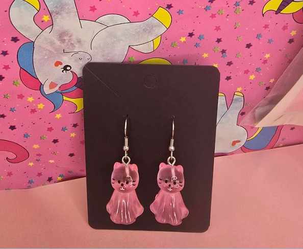 Pink Ghost Cat Earrings | Cute Kawaii Cat Dangle Earrings