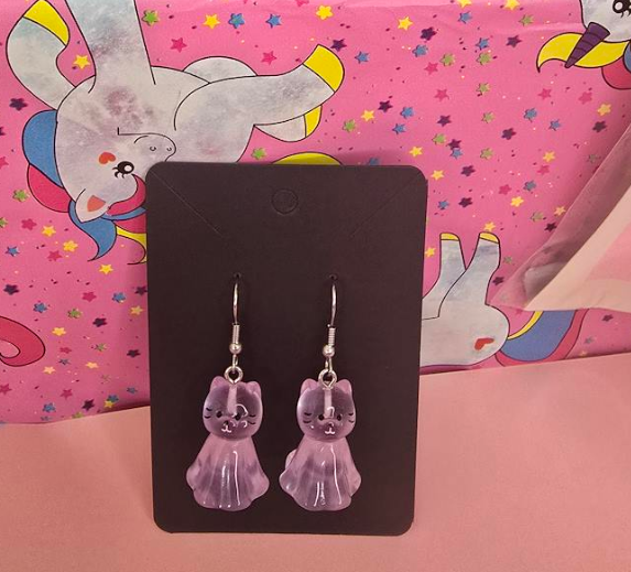 Purple Ghost Cat Earrings | Cute Kawaii Cat Dangle Earrings