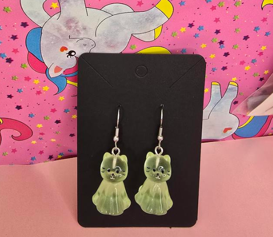 Green Ghost Cat Earrings | Cute Kawaii Cat Dangle Earrings