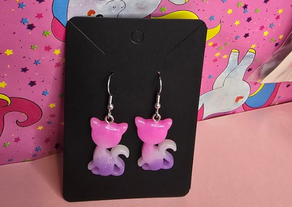 Pink/Purple Ombre Cat Earrings | Cute Kawaii Cat Dangle Earrings | Hand-Assembled in NZ