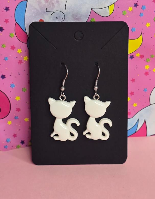 White Cat Earrings | Cute Kawaii Cat Dangle Earrings | Hand-Assembled in NZ