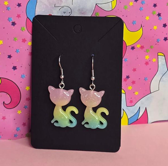 Pink/Yellow/Blue Ombre Cat Earrings | Cute Kawaii Cat Dangle Earrings | Hand-Assembled in NZ