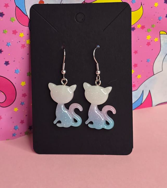 White/Blue/Pink Glitter Ombre Cat Earrings | Cute Kawaii Cat Dangle Earrings | Hand-Assembled in NZ